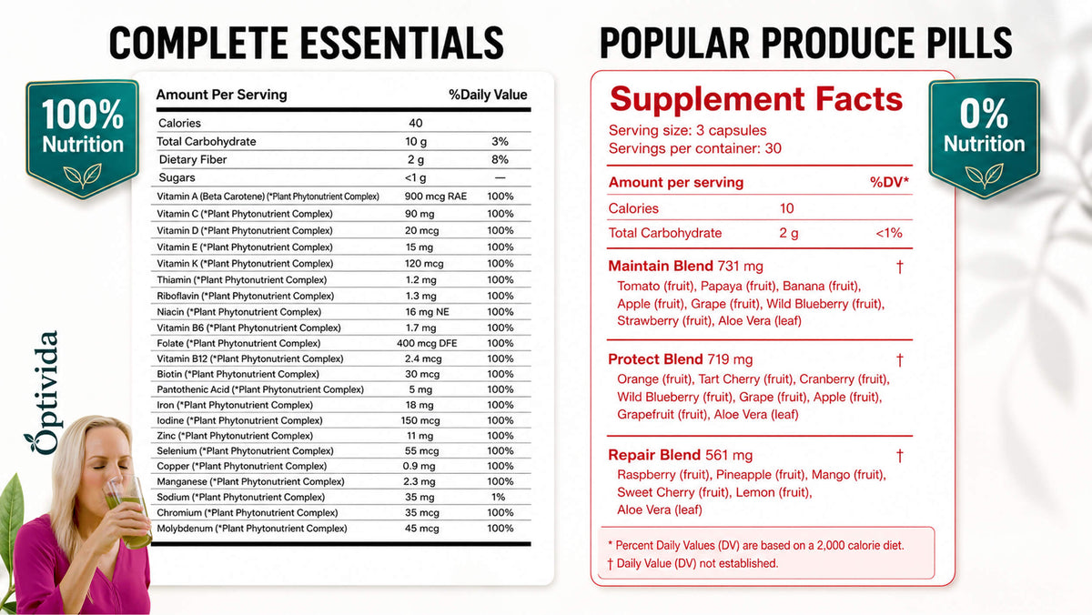 How does Complete Essentials compare to widely advertised fruit and veggie capsules?