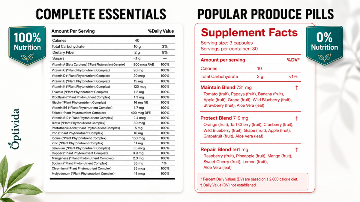 How does Complete Essentials compare to widely advertised fruit and veggie capsules?