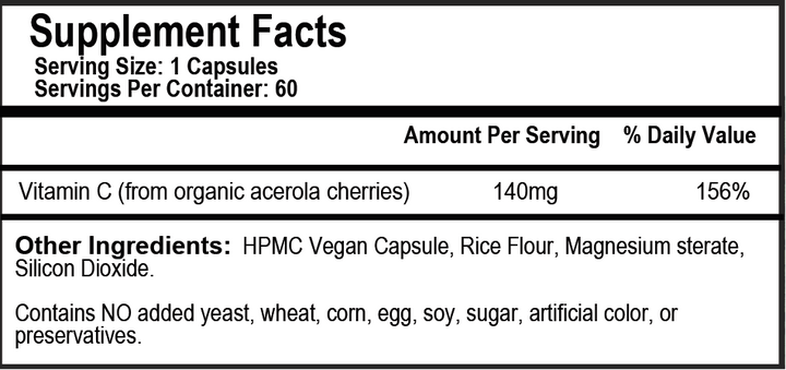Supplement facts label with vitamin C content and other ingredients listed.