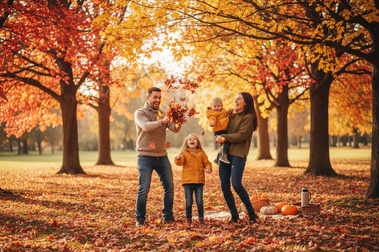 family playing outside in the fall time